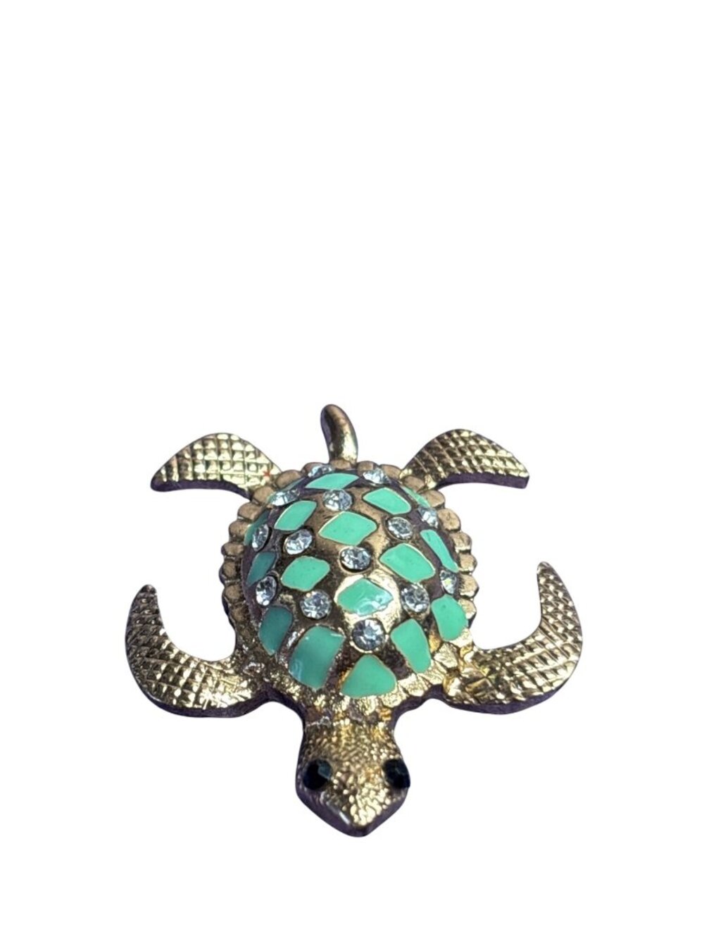 Goldtone Sea Turtle Pendant Mint Green Enamel Clear Rhinestones Black Eyes